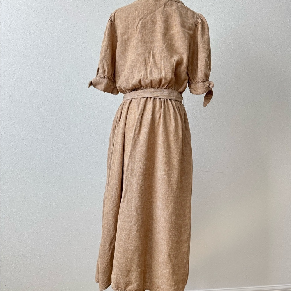 Linen Blend Button Safari Shift Front Midi Dress Tie Waist Beige M Time and Tru - Picture 6 of 10